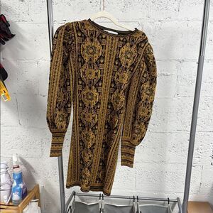 ZARA Black and Gold Long Sleeve Patterned Dress